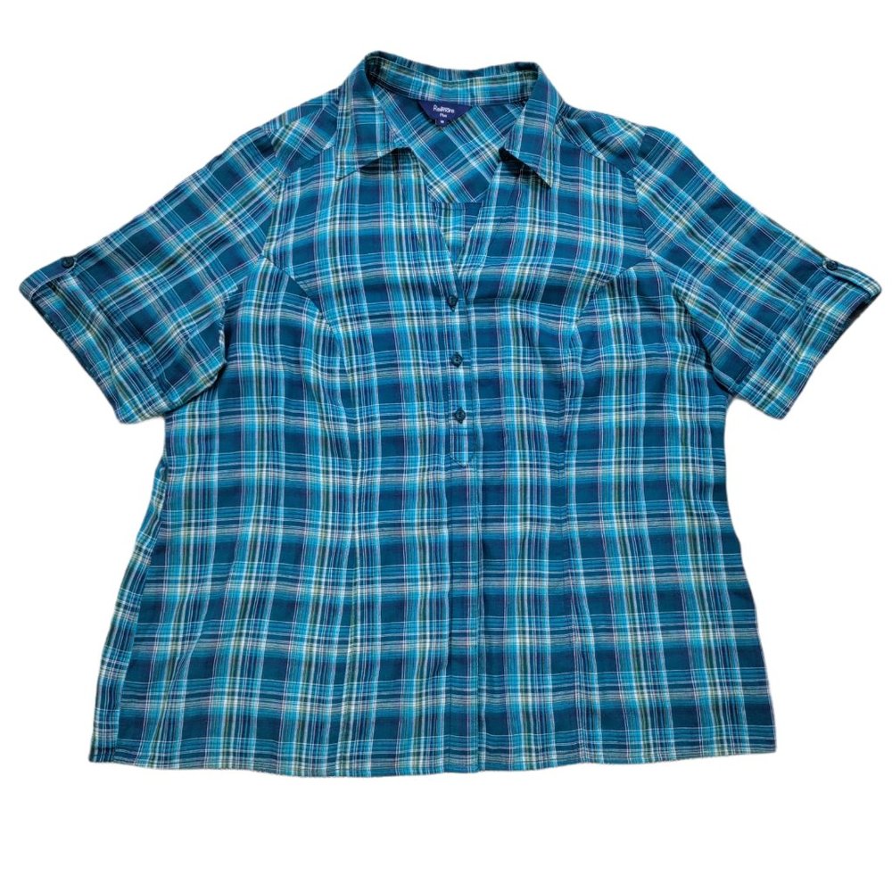 Reitmans Women Size 18 Button Up Shirt Top Blue Short Sleeve Collared Plaid